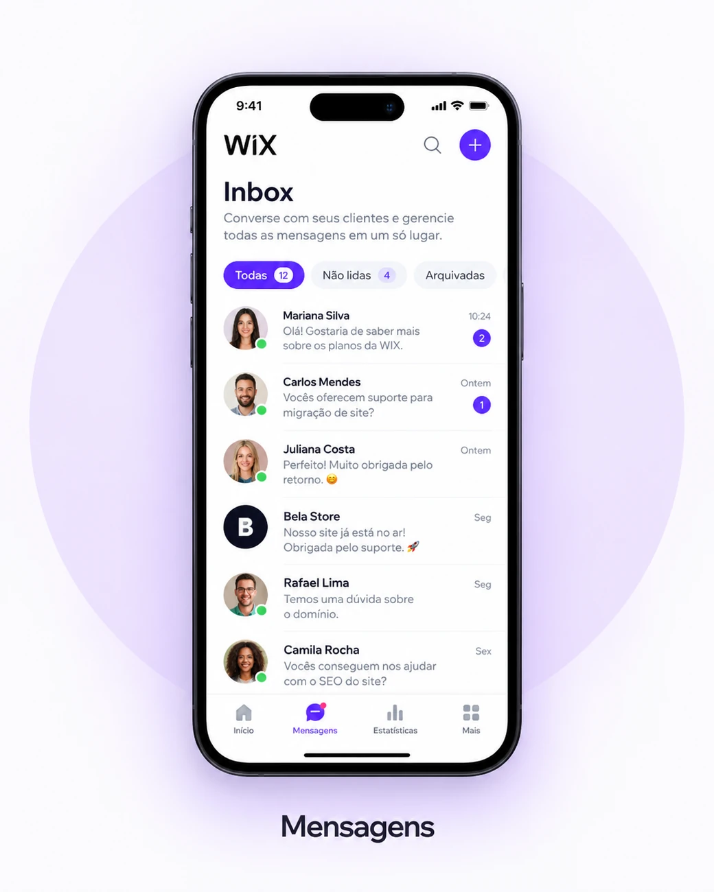 Interface ilustrativa de Mensagens no aplicativo Wix, apresentada em um smartphone.