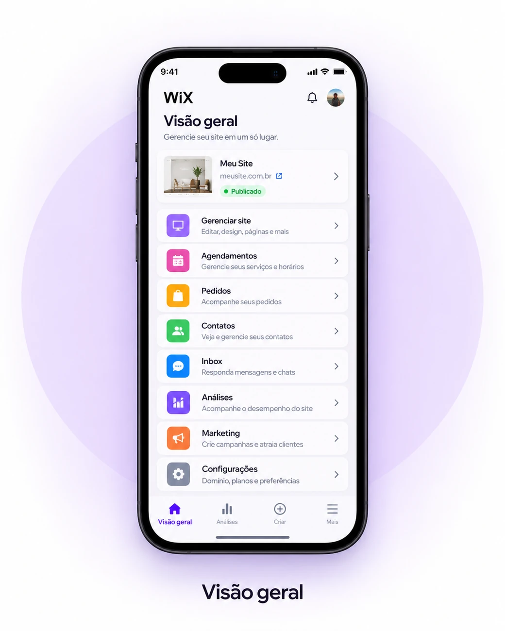 Interface ilustrativa de Visão geral no aplicativo Wix, apresentada em um smartphone.